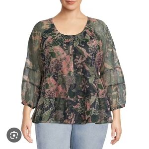 Terra & Sky Floral Peasant Blouse 3X